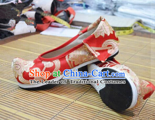 Chinese Ancient Peking Opera Young Lady Crested Shoes, Traditional Chinese Ancient Princess Hanfu Cloth Shoes Red Bow Shoes for Women