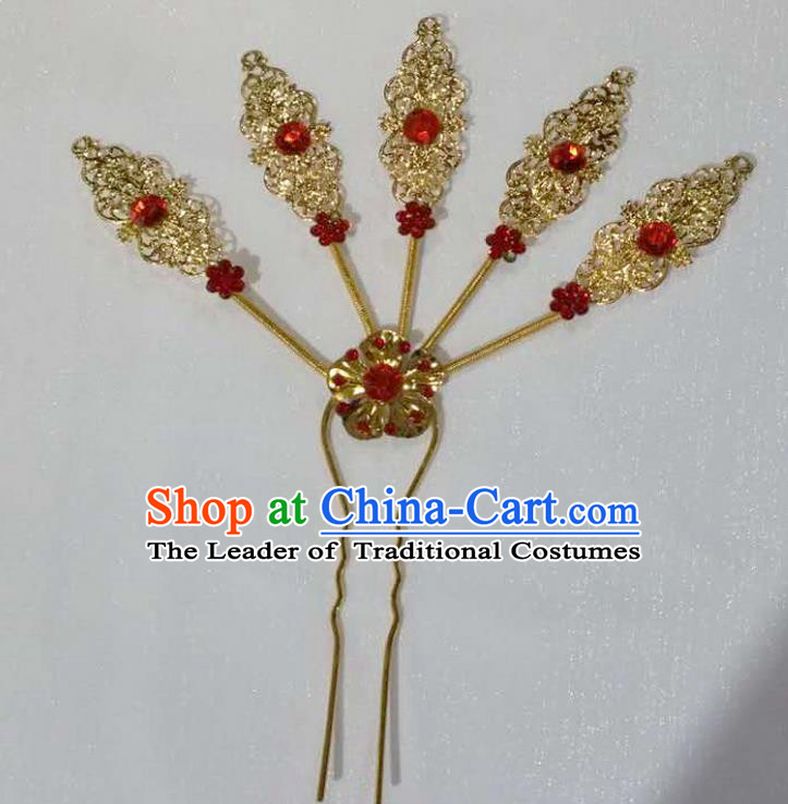 Traditional Thailand Ancient Handmade Hair Accessories Headpiece, Traditional Thai China Dai Nationality Red Crystal Hairpins Headwear for Women