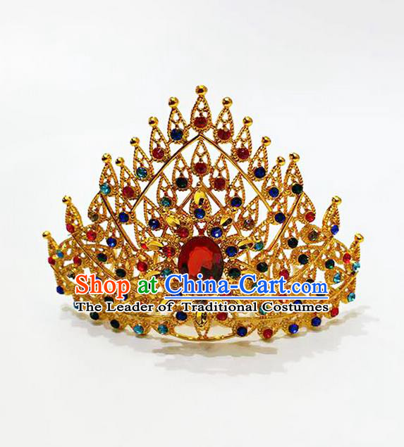 Traditional Thailand Ancient Handmade Hair Accessories, Traditional Thai China Dai Nationality Red Crystal Royal Crown for Women