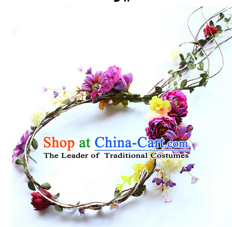 Top Grade Handmade Wedding Bride Hair Accessories Headband, Traditional Princess Purple Flowers Hair Clasp Wedding Headwear for Women