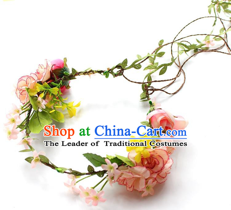 Top Grade Handmade Wedding Bride Headband, Traditional Princess Pink Flower Hair Clasp Wedding Headwear for Women