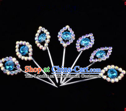 Chinese Ancient Peking Opera Head Accessories Young Lady Diva Colorful Crystal Blue Hairpins Complete Set, Traditional Chinese Beijing Opera Hua Tan Hair Clasp Head-ornaments