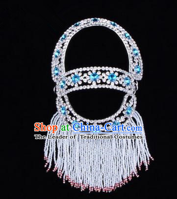 Chinese Ancient Peking Opera Head Accessories Young Lady Diva Blue Hairpins Back Temples Curtain, Traditional Chinese Beijing Opera Hua Tan Hair Clasp Head-ornaments