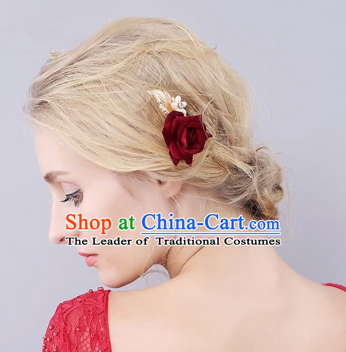 Top Grade Handmade Wedding Bride Hair Accessories Red Rose Hair Stick, Traditional Princess Wedding Headwear Hairpins for Women