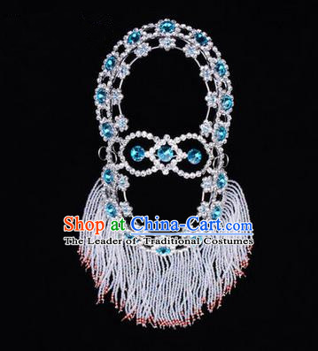 Chinese Ancient Peking Opera Head Accessories Young Lady Diva Blue Crystal Hairpins Back Temples Curtain, Traditional Chinese Beijing Opera Hua Tan Hair Clasp Head-ornaments