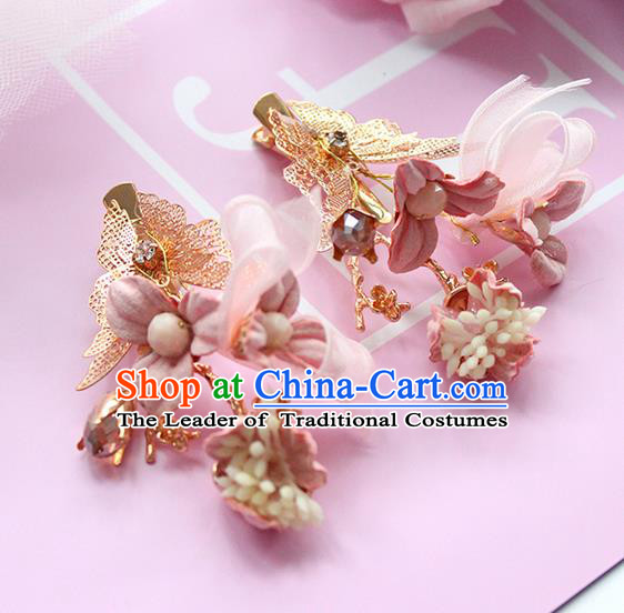 Top Grade Handmade Wedding Bride Hair Accessories Pink Flower Headwear, Traditional Princess Baroque Hair Clips for Women