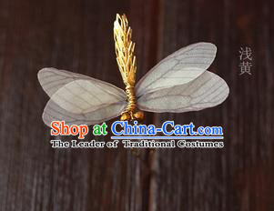 Top Grade Handmade Wedding Bride Hair Accessories Barrette, Traditional Princess Baroque Light Yellow Dragonfly Hair Claw Wedding Headpiece for Women