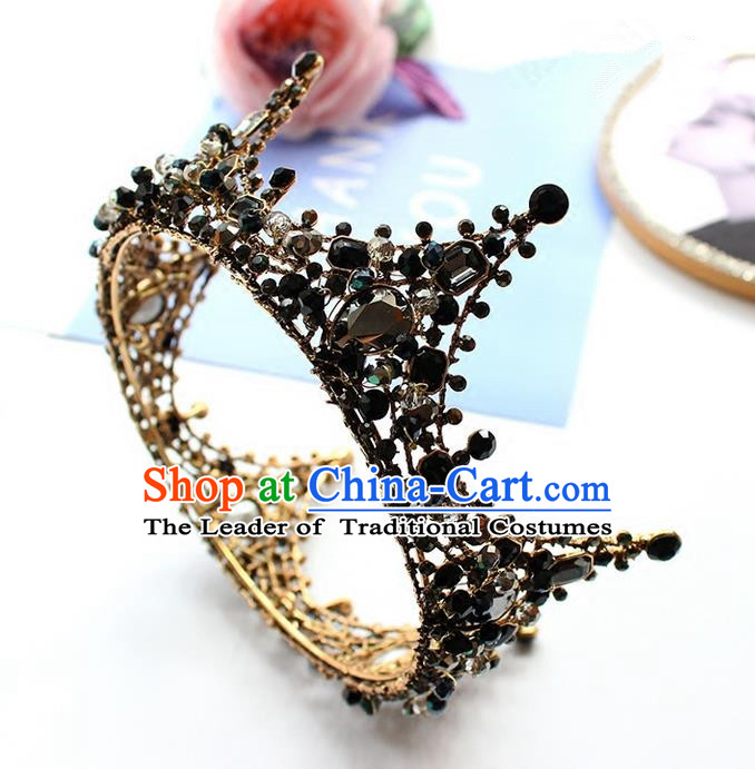 Top Grade Handmade Wedding Bride Hair Accessories Headwear, Traditional Princess Baroque Black Crystal Royal Crown Wedding Headpiece for Women