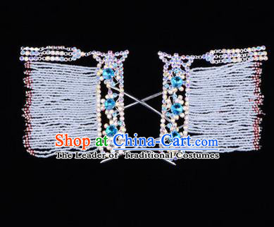 Chinese Ancient Peking Opera Head Accessories Young Lady Diva Blue Crystal Tassel Hairpins Temples Curtain, Traditional Chinese Beijing Opera Hua Tan Hair Clasp Head-ornaments