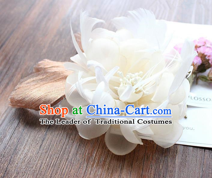 Top Grade Handmade Wedding Bride Hair Accessories Headwear, Traditional Princess Baroque Feather White Flower Hairpin Wedding Headpiece for Women