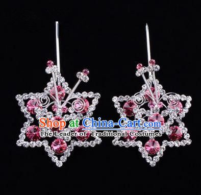 Chinese Ancient Peking Opera Head Accessories Diva Pink Crystal Hexagonal Hairpins, Traditional Chinese Beijing Opera Princess Hua Tan Hair Clasp Head-ornaments