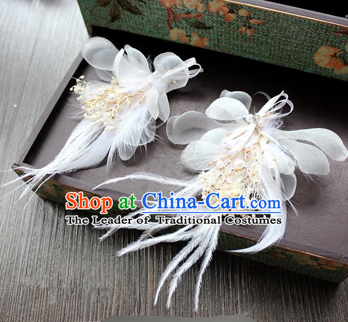 Top Grade Handmade Wedding Bride Hair Accessories Headwear, Traditional Princess Baroque White Feather Hair Claws Headpiece for Women