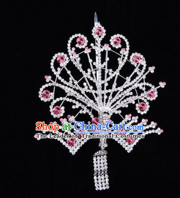 Chinese Ancient Peking Opera Head Accessories Diva Pink Tassel Crystal Phoenix Hairpins Step Shake, Traditional Chinese Beijing Opera Princess Hua Tan Hair Clasp Head-ornaments