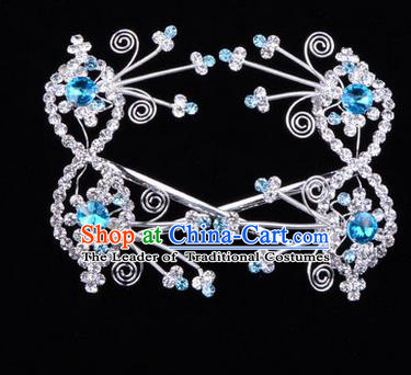 Chinese Ancient Peking Opera Head Accessories Diva Blue Crystal Bowknot Hairpins, Traditional Chinese Beijing Opera Princess Hua Tan Hair Clasp Head-ornaments