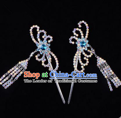 Chinese Ancient Peking Opera Head Accessories Diva Blue Colorful Crystal Hairpins Tassel Step Shake, Traditional Chinese Beijing Opera Princess Hua Tan Hair Clasp Head-ornaments