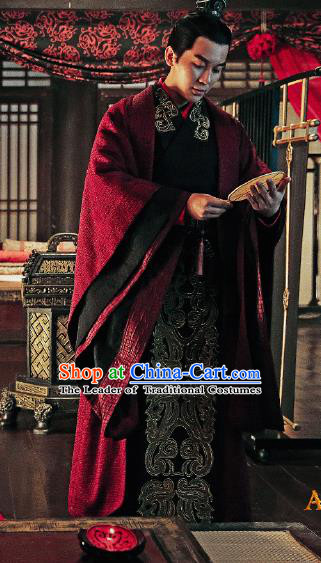 Traditional Ancient Chinese Three Kingdoms Period Prince Costume, The Advisors Alliance Nobility Childe Robe Clothing and Headpiece Complete Set