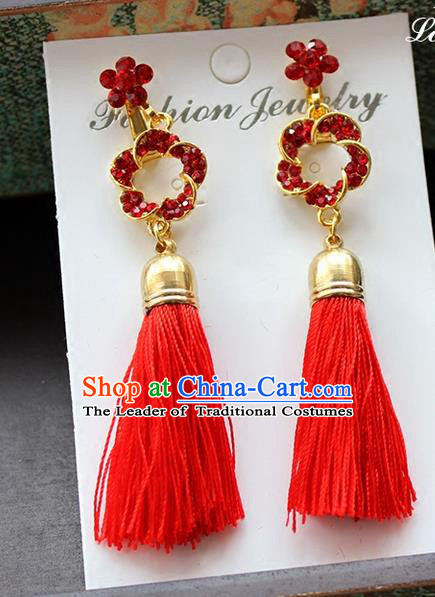 Top Grade Handmade China Wedding Bride Accessories Red Tassel Earrings, Traditional Princess Xiuhe Suit Wedding Crystal Eardrop for Women