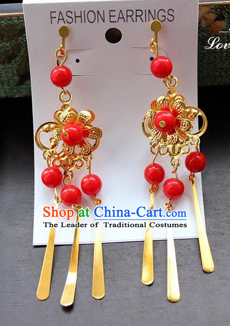 Top Grade Handmade China Wedding Bride Accessories Red Beads Earrings, Traditional Princess Xiuhe Suit Wedding Tassel Eardrop for Women