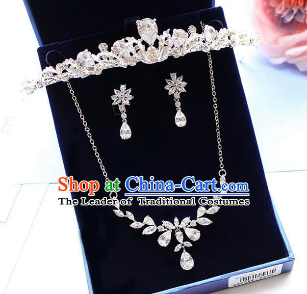 Top Grade Handmade China Wedding Bride Accessories Zircon Crown Necklace and Earrings, Traditional Princess Wedding Jewelry for Women