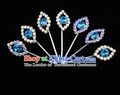 Chinese Ancient Peking Opera Head Accessories Diva Blue Crystal Hairpins Step Shake, Traditional Chinese Beijing Opera Princess Hua Tan Hair Clasp Head-ornaments