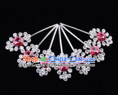 Chinese Ancient Peking Opera Head Accessories Diva Pink Crystal Hairpins Step Shake, Traditional Chinese Beijing Opera Princess Hua Tan Hair Clasp Head-ornaments