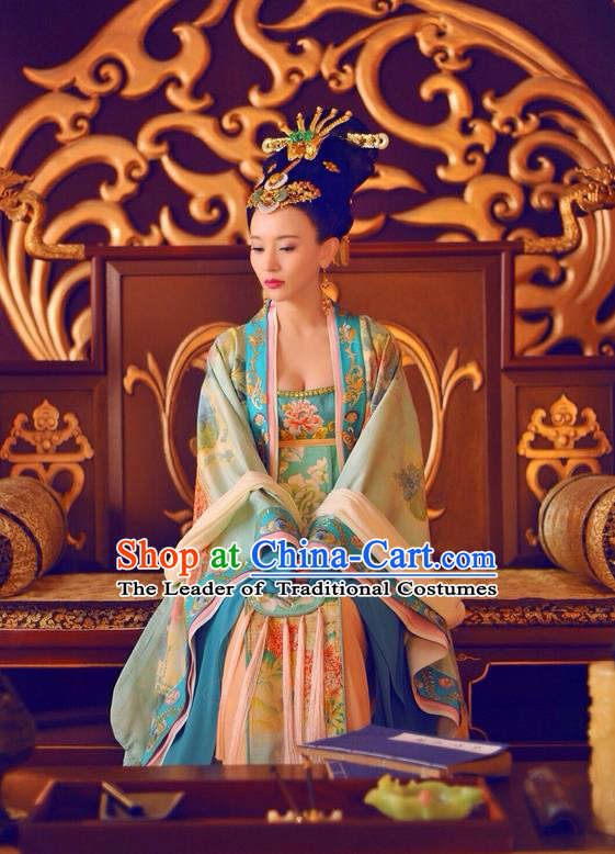 Traditional Ancient Chinese Imperial Concubine Costume and Headpiece Complete Set, Elegant Hanfu Clothing Chinese Tang Dynasty Palace Lady Embroidered Dress Clothing