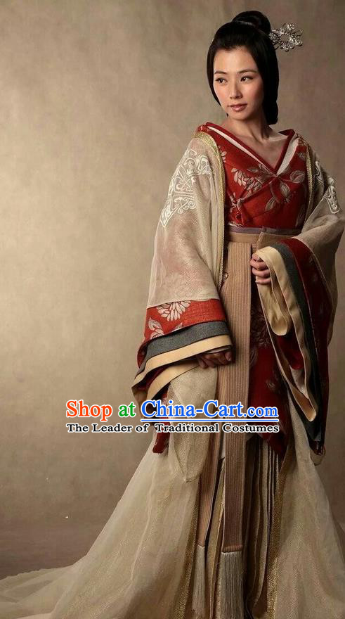 Traditional Ancient Chinese Imperial Princess Costume and Headpiece Complete Set, Elegant Hanfu Clothing Chinese Han Dynasty Dowager Embroidered Dress Clothing