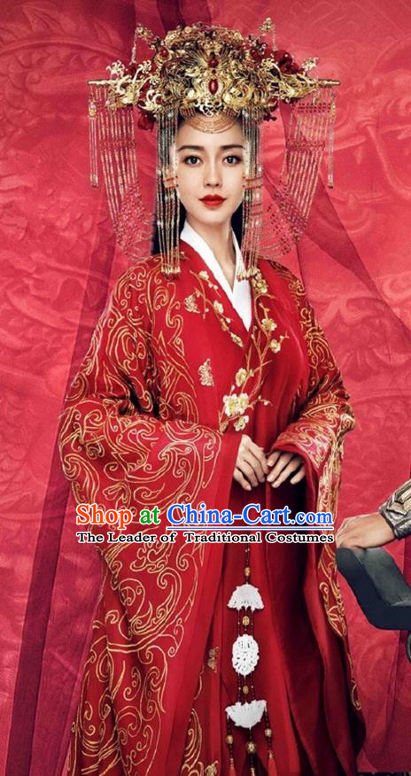 Traditional Chinese Imperial Princess Wedding Costume and Handmade Headpiece Complete Set, Chinese Style Ancient Hanfu Bride Wedding Embroidered Red Dress for Women