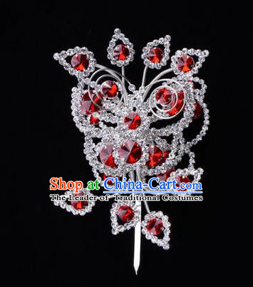 Chinese Ancient Peking Opera Head Accessories Diva Crystal Red Poppyhead Hairpins, Traditional Chinese Beijing Opera Princess Hua Tan Hair Clasp Head-ornaments