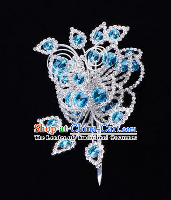 Chinese Ancient Peking Opera Head Accessories Diva Crystal Blue Poppyhead Hairpins, Traditional Chinese Beijing Opera Princess Hua Tan Hair Clasp Head-ornaments