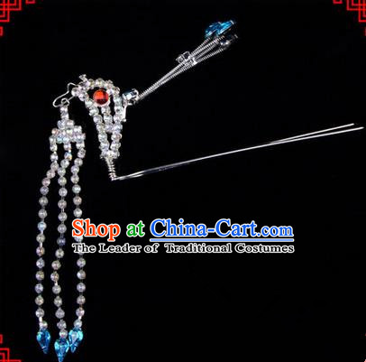 Chinese Ancient Peking Opera Head Accessories Diva Blue Crystal Long Tassel Phoenix Hairpins, Traditional Chinese Beijing Opera Princess Hua Tan Hair Clasp Head-ornaments