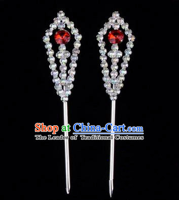 Chinese Ancient Peking Opera Head Accessories Diva Red Crystal Pointed Temples Hairpins, Traditional Chinese Beijing Opera Princess Hua Tan Hair Clasp Head-ornaments