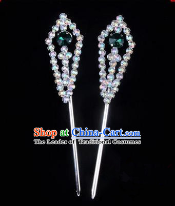 Chinese Ancient Peking Opera Head Accessories Diva Green Crystal Pointed Temples Hairpins, Traditional Chinese Beijing Opera Princess Hua Tan Hair Clasp Head-ornaments