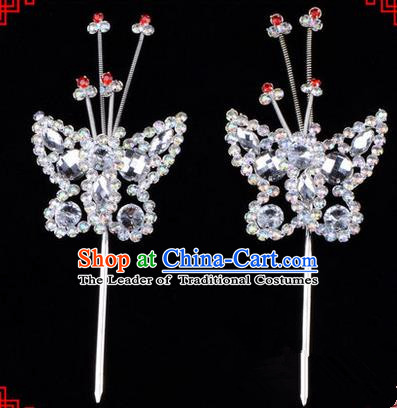 Chinese Ancient Peking Opera Head Accessories Diva White Crystal Beads Butterfly Hairpins, Traditional Chinese Beijing Opera Princess Hua Tan Hair Clasp Head-ornaments