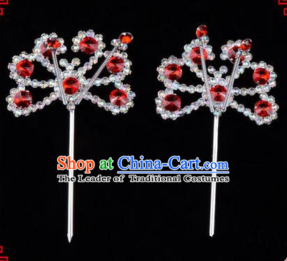 Chinese Ancient Peking Opera Hair Accessories Young Lady Diva Red Crystal Beads Hairpins, Traditional Chinese Beijing Opera Hua Tan Head Ornaments Hair Clasp