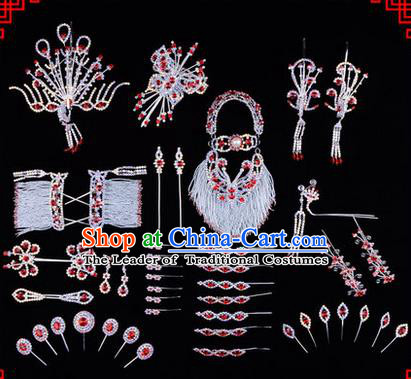 Chinese Ancient Peking Opera Head Accessories Diva Red Crystal Hairpins, Traditional Chinese Beijing Opera Princess Hua Tan Hair Clasp Head-ornaments Complete Set