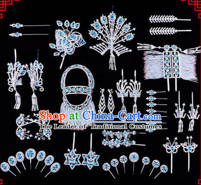 Chinese Ancient Peking Opera Head Accessories Diva Blue Crystal Phoenix Coronet Hairpins, Traditional Chinese Beijing Opera Princess Hua Tan Hair Clasp Head-ornaments Complete Set