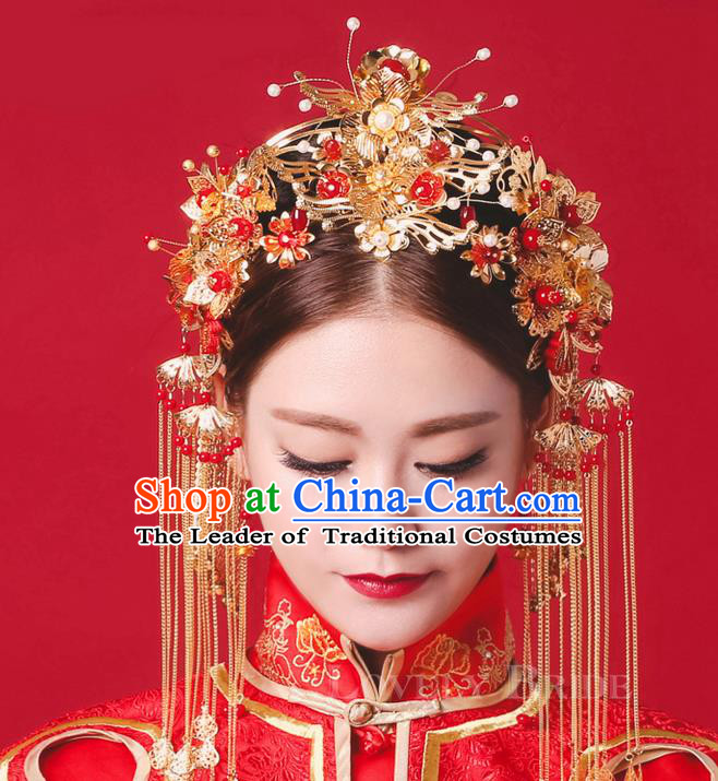 Top Grade Chinese Handmade Wedding Hair Accessories Complete Set, Traditional China Xiuhe Suit Bride Forehead Ornament Phoenix Coronet Hanfu Tassel Hairpins Headwear for Women