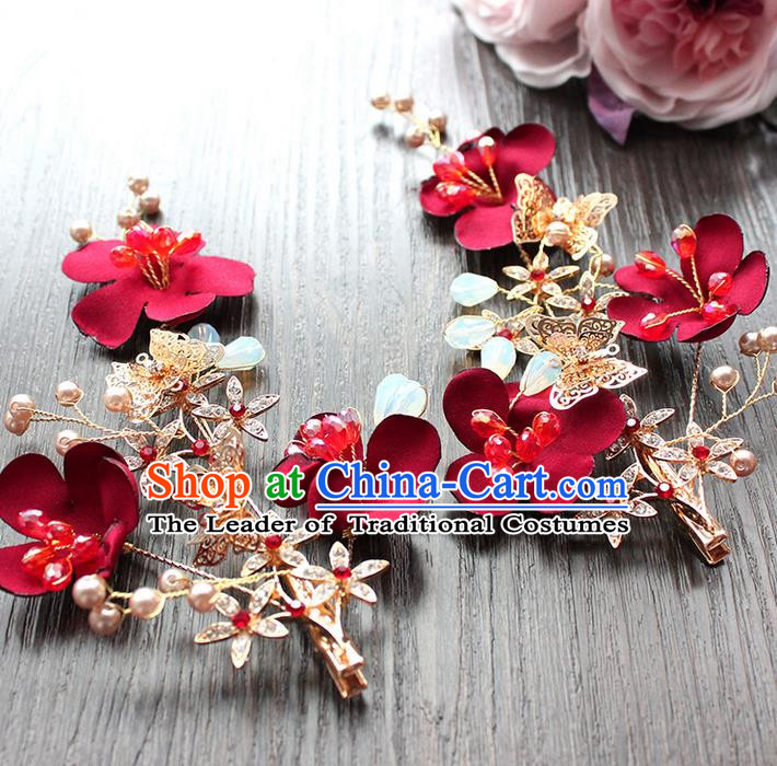 Top Grade Handmade Wedding Bride Hair Accessories Headwear Red Flowers Hair Stick, Traditional Princess Baroque Headpiece for Women