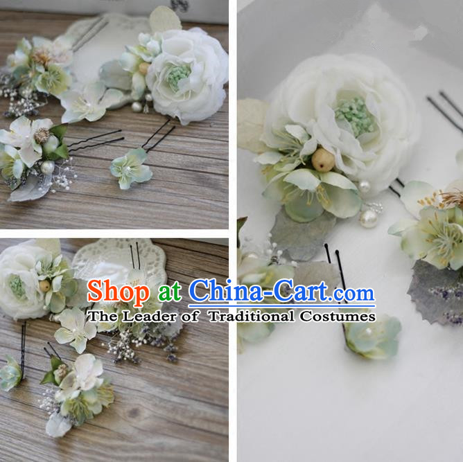 Top Grade Handmade Wedding Bride Hair Accessories Headwear White Peach Flower Hairpins, Traditional Princess Baroque Headpiece for Women