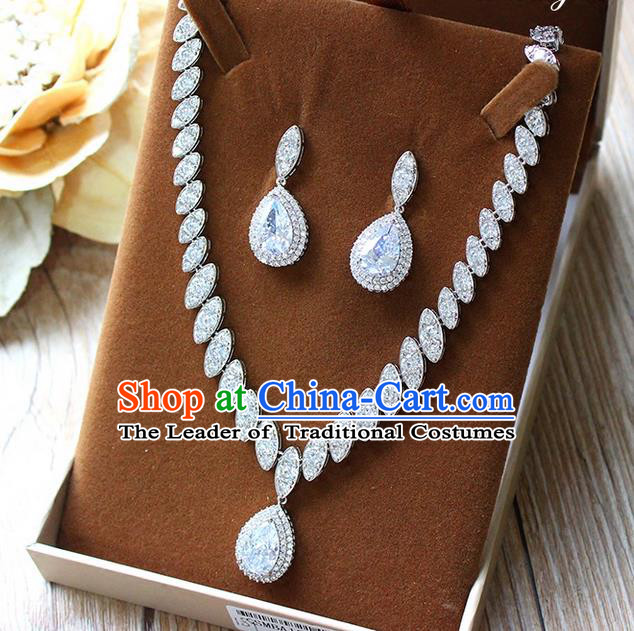 Top Grade Handmade China Wedding Bride Accessories Zircon Necklace and Earrings, Traditional Princess Wedding Crystal Earbob Jewelry for Women