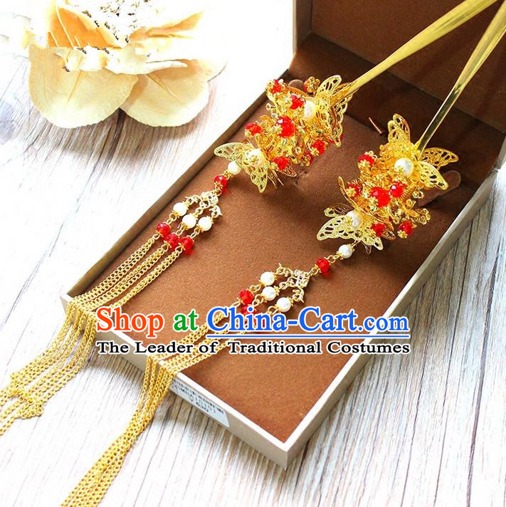 Top Grade Chinese Handmade Wedding Agate Beads Hair Accessories, Traditional China Xiuhe Suit Bride Tassel Butterfly Hairpins Headwear for Women