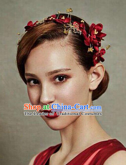 Top Grade Handmade Wedding Bride Hair Accessories Red Flowers Hair Clasp, Traditional Princess Baroque Hair Clips Headpiece for Women