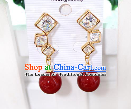 Top Grade Handmade China Wedding Bride Accessories Red Pearl Earrings, Traditional Princess Wedding Crystal Earbob Jewelry for Women