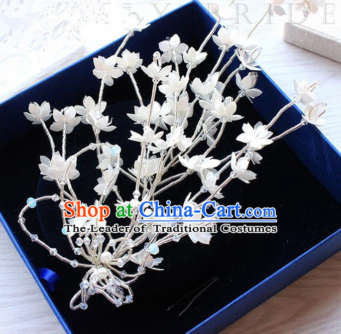 Top Grade Handmade Wedding Bride Hair Accessories White Flowers Headwear, Traditional Princess Baroque Hair Stick Headpiece for Women