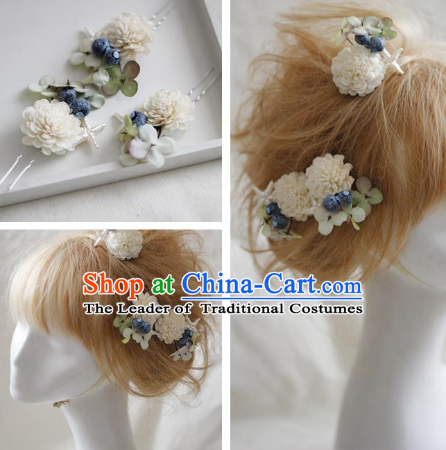 Top Grade Handmade Wedding Bride Hair Accessories White Flowers Headwear, Traditional Princess Baroque Hair Stick Headpiece Hairpins Complete Set for Women