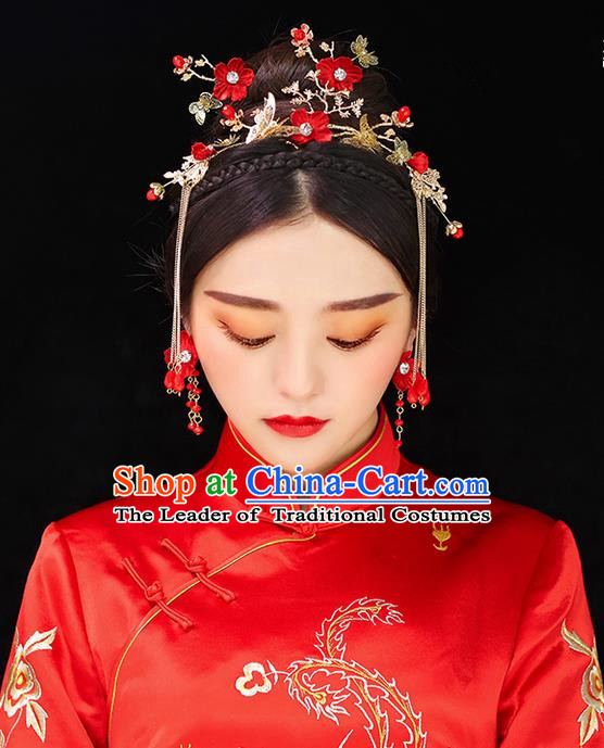 Top Grade Chinese Handmade Wedding Red Flowers Hair Accessories Complete Set, Traditional China Xiuhe Suit Bride Phoenix Coronet Butterfly Tassel Hairpins Headwear for Women