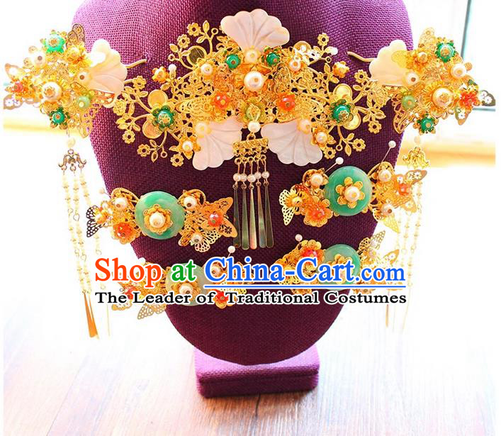 Top Grade Chinese Handmade Wedding Jade Hair Accessories Complete Set, Traditional China Xiuhe Suit Bride Phoenix Coronet Tassel Hairpins Headwear for Women