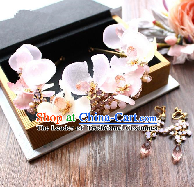 Top Grade Handmade Wedding Bride Hair Accessories Pink Flowers Hair Stick and Earrings, Traditional Princess Baroque Hair Claws Headpiece for Women