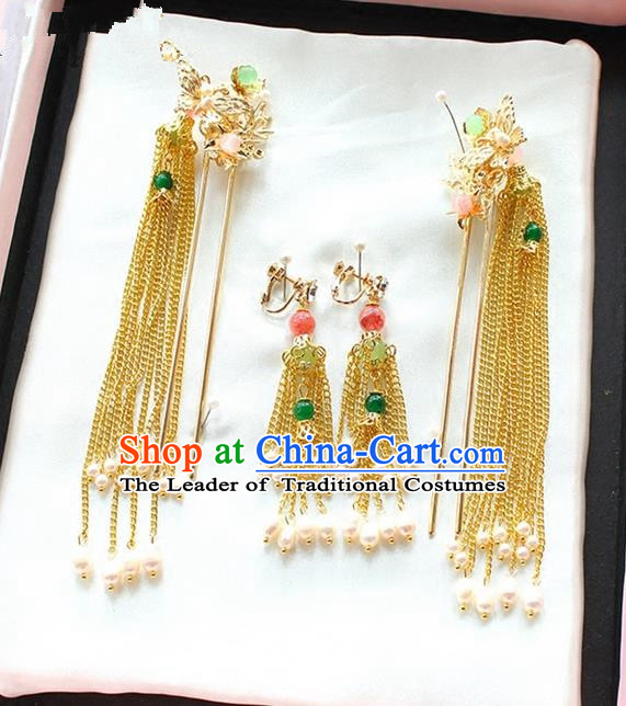 Top Grade Chinese Handmade Wedding Jade Hair Accessories Step Shake, Traditional China Xiuhe Suit Bride Tassel Hairpins Headdress for Women